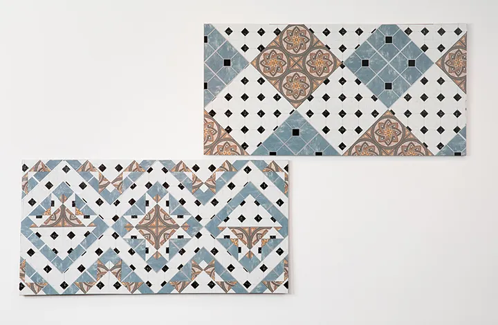 Dionis Ortiz, Sunrise to Sunset, 2021. Vinyl tile collage on wood, 96 × 162 × ¾ in.
