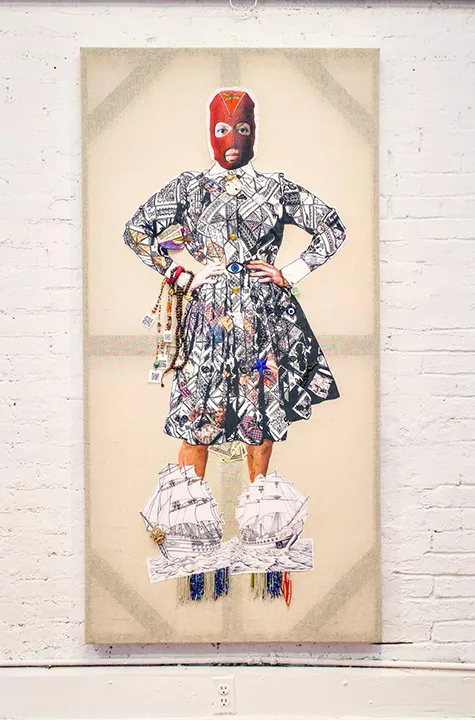 Élan Cadiz, "America," 2023-2025. Mixed media on osnaburg fabric, 72 × 36 in.