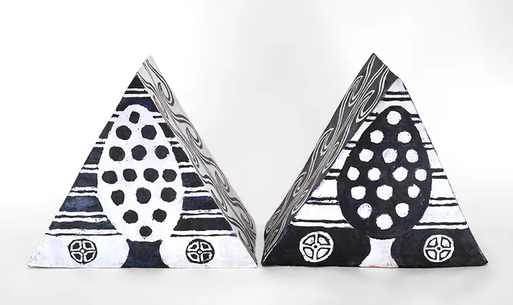 Elisabeth Kley, Mountains with Trees, 2020. Glazed earthenware⁠. Each 17 × 10 × 10 in.