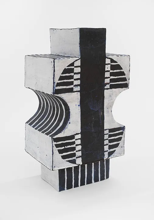 Elisabeth Kley, Vessel Interrupted by Emptiness, 2023. Glazed earthenware⁠. 26.5 × 14 × 10.5 in. 