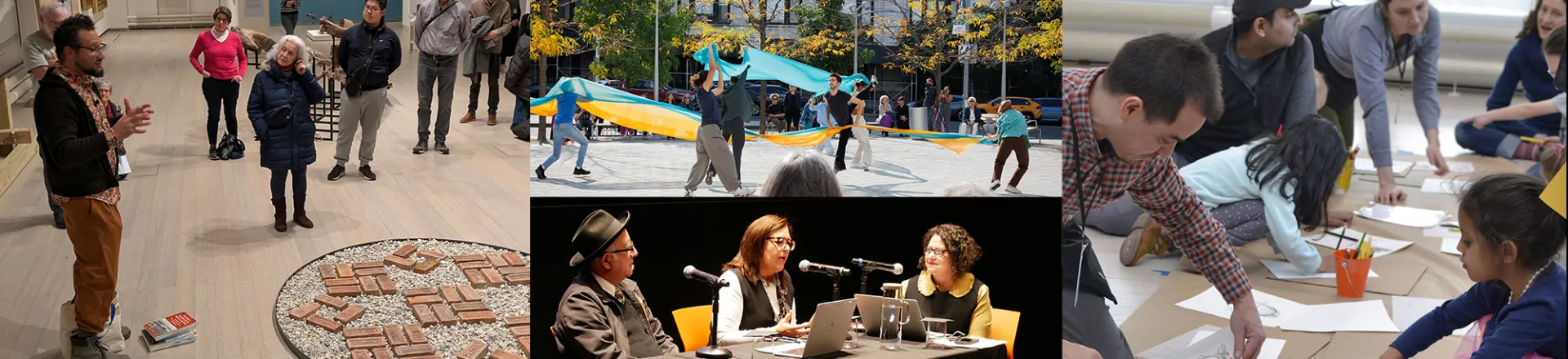 Collage of four photographs from events at the Wallach Art Gallery. The left photograph shows artist Jean-Marc Superville Sovak giving an artist talk in the gallery as part of the exhibition Shifting Shorelines: Art, Industry, and Ecology along the Hudson River, the top middle photograph shows dancers trailed by large pieces of flowing fabric at a site-specific performance directed by May Joseph as part of the exhibition Shifting Shorelines: Art, Industry, and Ecology along the Hudson River, the bottom midd
