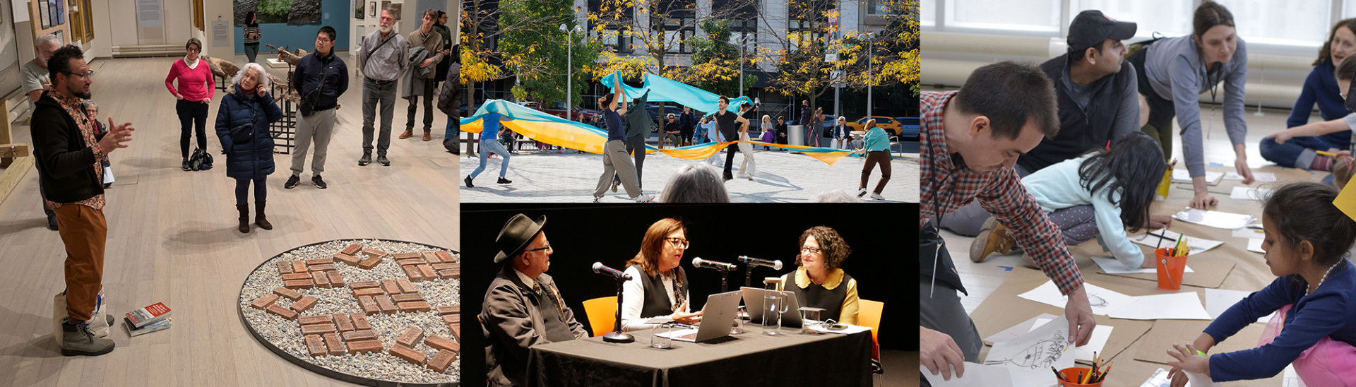 Collage of four photographs from events at the Wallach Art Gallery. The left photograph shows artist Jean-Marc Superville Sovak giving an artist talk in the gallery as part of the exhibition Shifting Shorelines: Art, Industry, and Ecology along the Hudson River, the top middle photograph shows dancers trailed by large pieces of flowing fabric at a site-specific performance directed by May Joseph as part of the exhibition Shifting Shorelines: Art, Industry, and Ecology along the Hudson River, the bottom midd