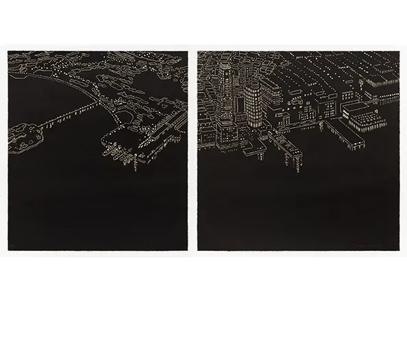 Yvonne Jacquette (1934–2023), Hudson River Diptych, 2007. Woodcut; 21 x 40 in. Collection of the artist, courtesy of Mary Ryan Gallery, New York. Image © Yvonne Jacquette