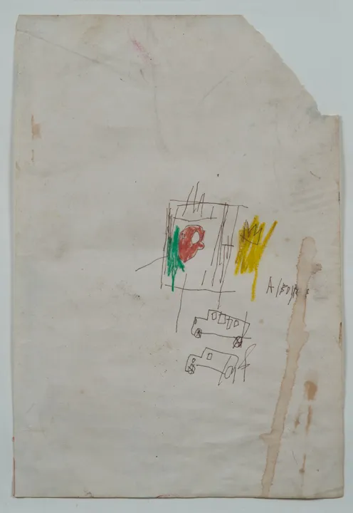 Untitled (two trucks), 1981
Oil stick and mixed media on paper
18 × 12 in. 
Private Collection