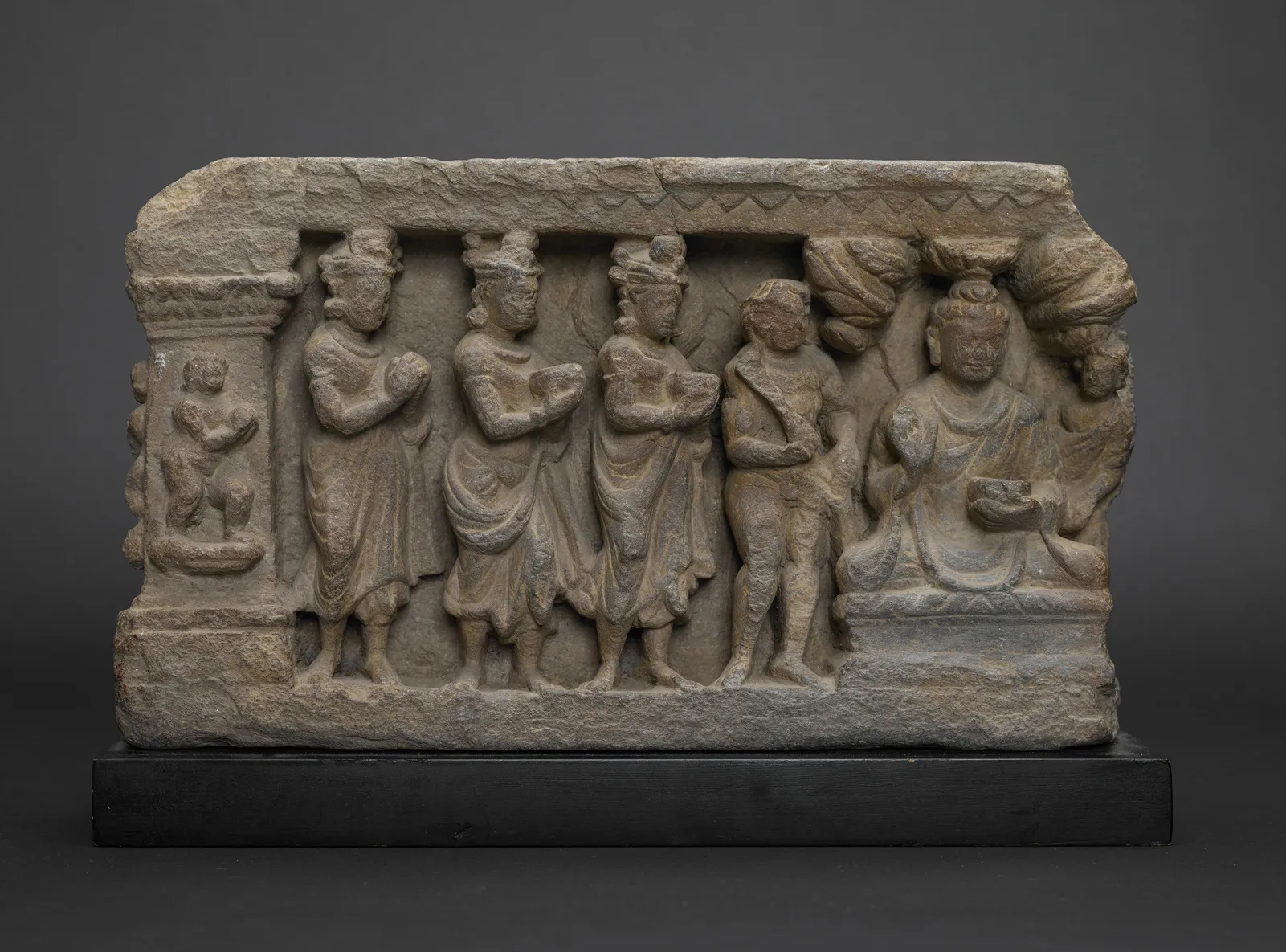 The Lokapala Offering Bowls to the Buddha, 2nd–3rd century; Gandhara. Schist. Art Properties, Avery Architectural & Fine Arts Library, Columbia University, Gift of Gary K. Johnson and Allyson Powers Johnson.
