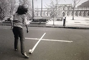 Detail of Lotty Rosenfeld, Una Milla de Cruces Sobre el Pavimento [One Mile of Crosses on the Pavement], 1979. Art action in front of the Moneda Palace, Santiago de Chile, 1979. Courtesy the Lotty Rosenfeld Foundation.