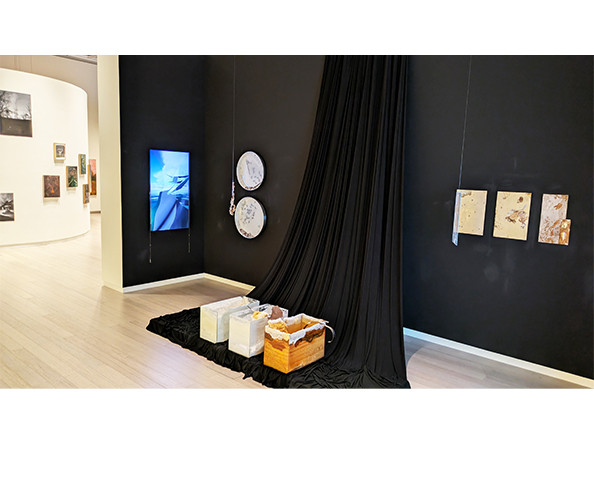 Installation view of the Visual Arts + Sound Art Class of 2025 MFA Thesis Exhibition, on view at the Wallach Art Gallery from April 27, 2024 - May 25, 2025. Photograph by Andrew Page. Artwork visible by Magali, a Cult.