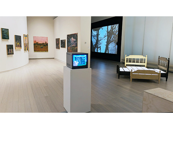Installation view of the Visual Arts + Sound Art Class of 2025 MFA Thesis Exhibition, on view at the Wallach Art Gallery from April 27, 2024 - May 25, 2025. Photograph by Andrew Page. Artworks visible by Annika Tucksmith, Ahzel, Leena Kim, and Andrius Alvarez-Backus.