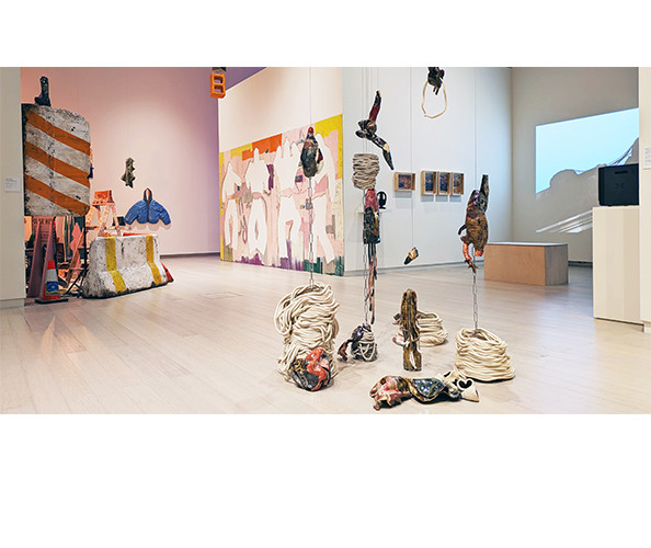 Installation view of the Visual Arts + Sound Art Class of 2025 MFA Thesis Exhibition, on view at the Wallach Art Gallery from April 27, 2024 - May 25, 2025. Artworks visible by Francisca Brunet Bayon, Daniel Castro, and Rana Gahem.