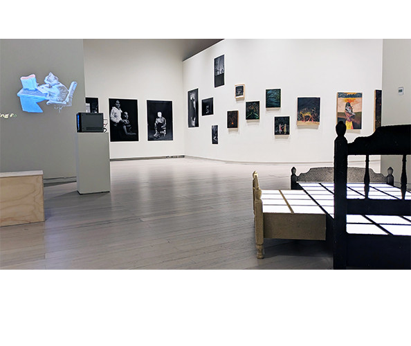Installation view of the Visual Arts + Sound Art Class of 2025 MFA Thesis Exhibition, on view at the Wallach Art Gallery from April 27, 2024 - May 25, 2025. Artworks visible by Ahzel, Javier Griffey, Annika Tucksmith, and Andrius Alvarez-Backus.