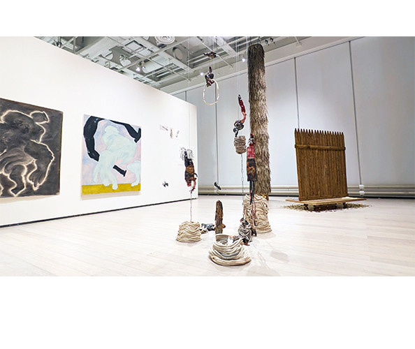 Installation view of the Visual Arts + Sound Art Class of 2025 MFA Thesis Exhibition, on view at the Wallach Art Gallery from April 27, 2024 - May 25, 2025. Artworks visible by Francisca Brunet Bayon and Andrius Alvarez-Backus.