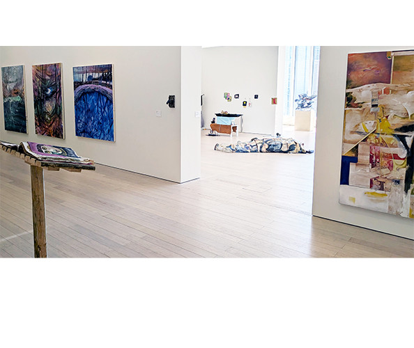 Installation view of the Visual Arts + Sound Art Class of 2025 MFA Thesis Exhibition, on view at the Wallach Art Gallery from April 27, 2024 - May 25, 2025. Artworks visible by Joanne Kim, Isaiah Davis, Antonio Vidal de Lascurain, Liz Schneider, and Zelmira Rizo.