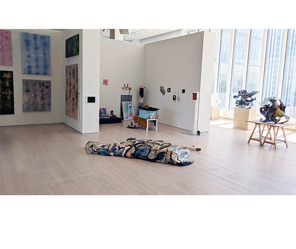 Installation view of the Visual Arts + Sound Art Class of 2025 MFA Thesis Exhibition, on view at the Wallach Art Gallery from April 27, 2024 - May 25, 2025. Artworks visible by Wenfei Quan, Liz Schneider, Devon Pin-Yu Chen, and Emerita Baik.