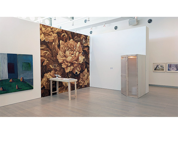 Installation view of the Visual Arts + Sound Art Class of 2025 MFA Thesis Exhibition, on view at the Wallach Art Gallery from April 27, 2024 - May 25, 2025. Artworks visible by Antonio Vidal de Lascurain, Grethell Rasua, and Joanne Kim.