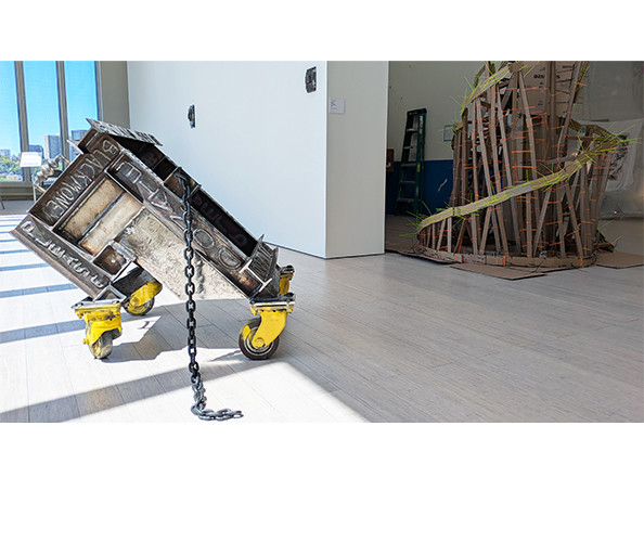 Installation view of the Visual Arts + Sound Art Class of 2025 MFA Thesis Exhibition, on view at the Wallach Art Gallery from April 27, 2024 - May 25, 2025. Artworks visible by Isaiah Davis and Yueyang Luo.