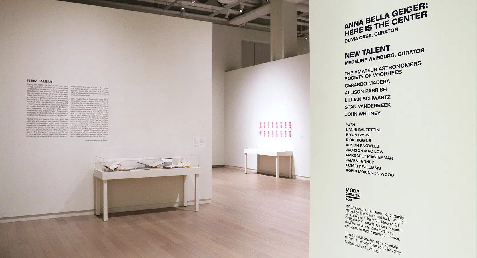 Installation view of the 2018 presentation of "MODA Curates" on view at the Wallach Art Gallery, Columbia University March 24–April 8, 2018. Photo by Eddie Bartolomei. 