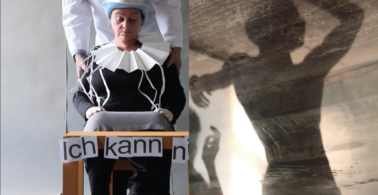 Alice Creisher, still from "Ich kann nicht (I Cannot)" (detail), 2017, and Eiko Otake and DonChristian, still from "Visitor" (detail), 2017.