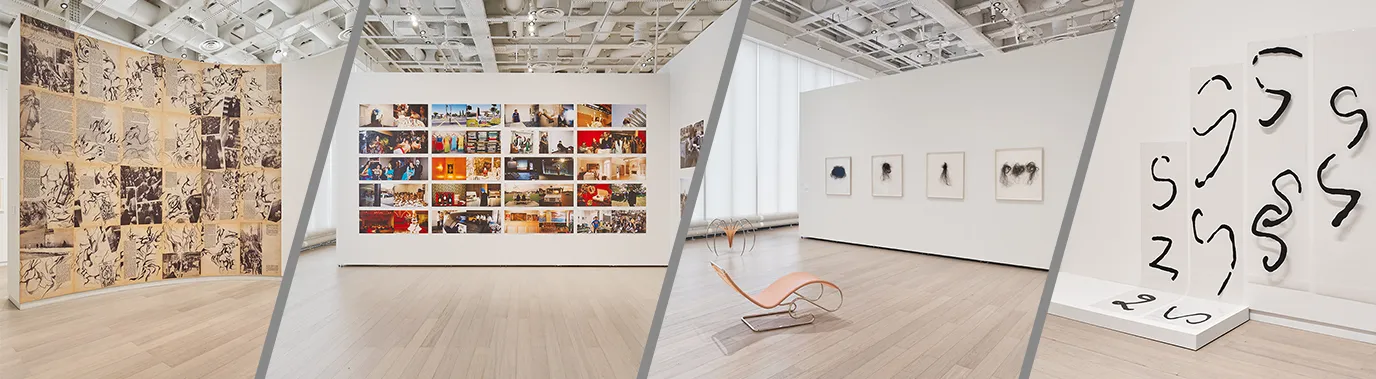 Left to right: Installation views of 2024 and 2025 MODA Curates exhibitions "Rosemary Mayer: Words in Art are Signs Returned," "Looking for Ourselves: Gauri Gill’s The Americans, 2000–2007," "Traces of Care," and "Wayward Signs."