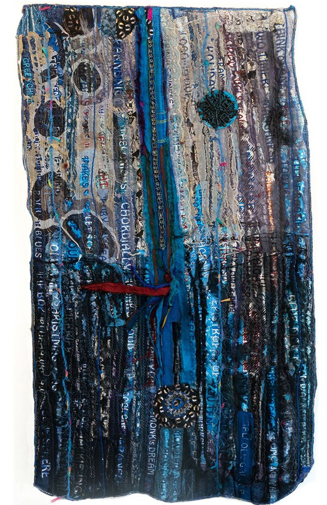 Dindga McCannon, "Compositions 86 Centennial Mask," 2017. Mixed media quilt; 52 x 30 in. Courtesy the artist and Fridman Gallery