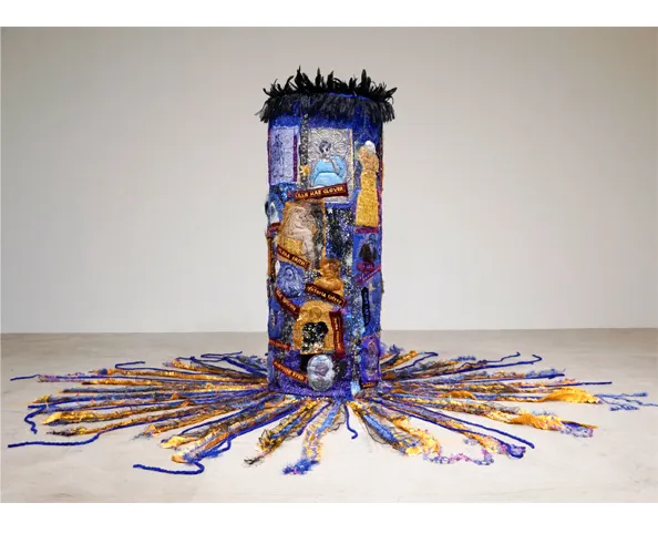 Dindga McCannon, “Blues Queens,” 2021. Mixed media quilt, 54 x 118 inches.
