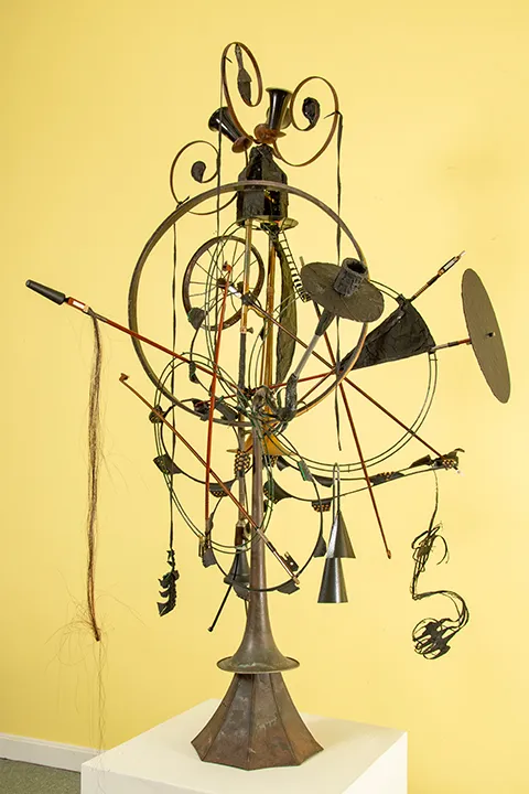 Things to Come from Those Now Gone, 2018Vinyl 45 and LP records, metal cart wheel, wooden circles, musical instrument parts, horse hair, tripod elements, acrylic paint, iron scrolls, metal light protector, Cinefoil, rubber strips, metal wire circles, shredded bicycle tire elements, and antique metal amplifier horn65 × 36 × 38 in.