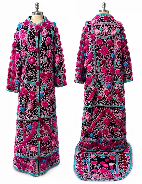 Milagros Batista, "Sikolo the Beautiful," 2023. Mixed media, hand-crocheted floral motifs and embroidery on an upcycled coat, 40 x 20 x 10 inches (variable when worn).