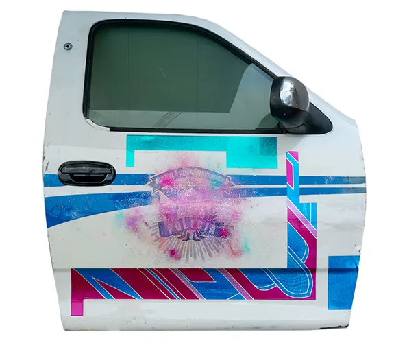 Rubén Ortiz-Torres, Glitter Protest on Door, 2020. Urethane, candy paint, flake, and holographic flake on decommissioned Tijuana Police car panel, 48 x 62 x 5 inches.