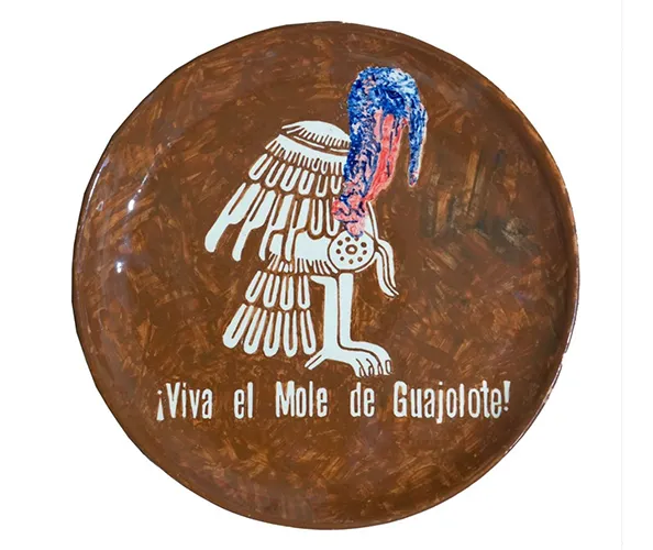 Rubén Ortiz-Torres, ¡Viva el mole de guajolote!, 2024. Glazed stoneware, 30 x 30 cm, Cerámica Suro, Guadalajara. 
