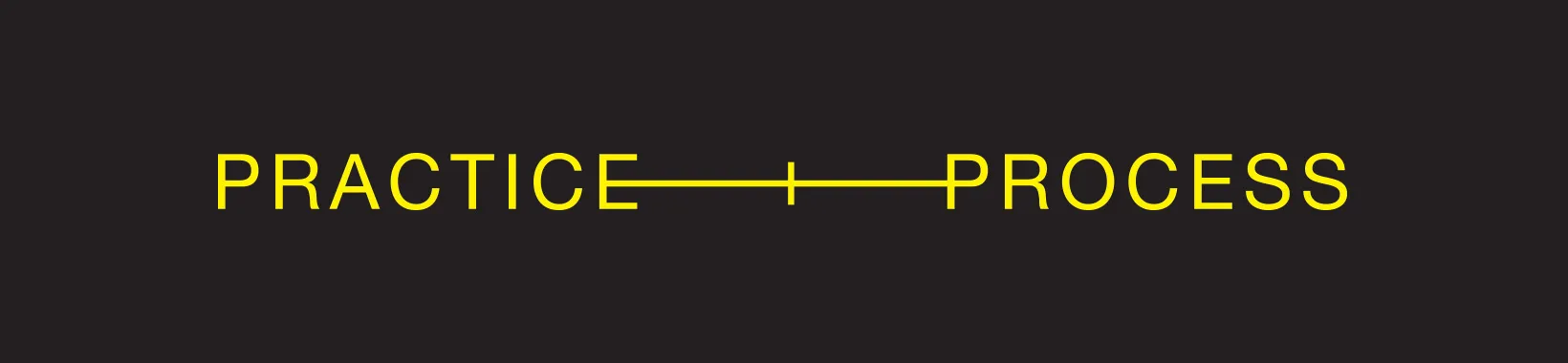The words "PRACTICE + PROCESS" in yellow, capital, san serif letters on a dark grey background