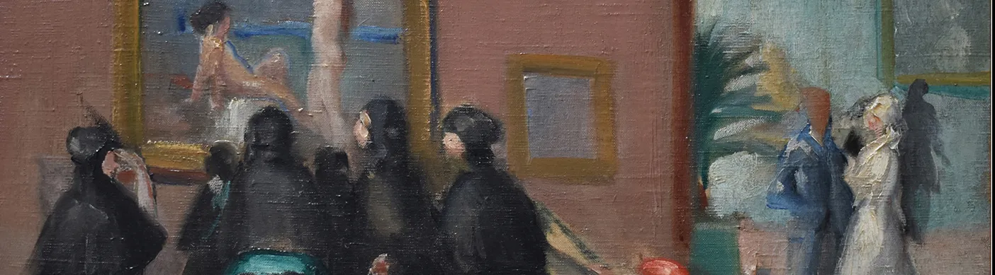 Omar Onsi, “At the Exposition” (also known as “Young Women Visiting and Exhibition”). c. 1932, detail. Oil on canvas; 14 3/4 x 17 3/4 in. Courtesy Samir Abillama Collection.

