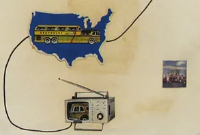 Ant Farm, detail of "Antioch Greyhound (Truckstop Network Proposals folder)," 1971, work on paper, 11 x 8 1/2 in. University of California, Berkeley Art Museum and Pacific Film Archive; Purchase made possible through a bequest of Thérèse Bonney by exchange, a partial gift of Chip Lord and Curtis Schreier and gifts from an anonymous donor and Harrison Fraker, © Chip Lord, Curtis Schreier.