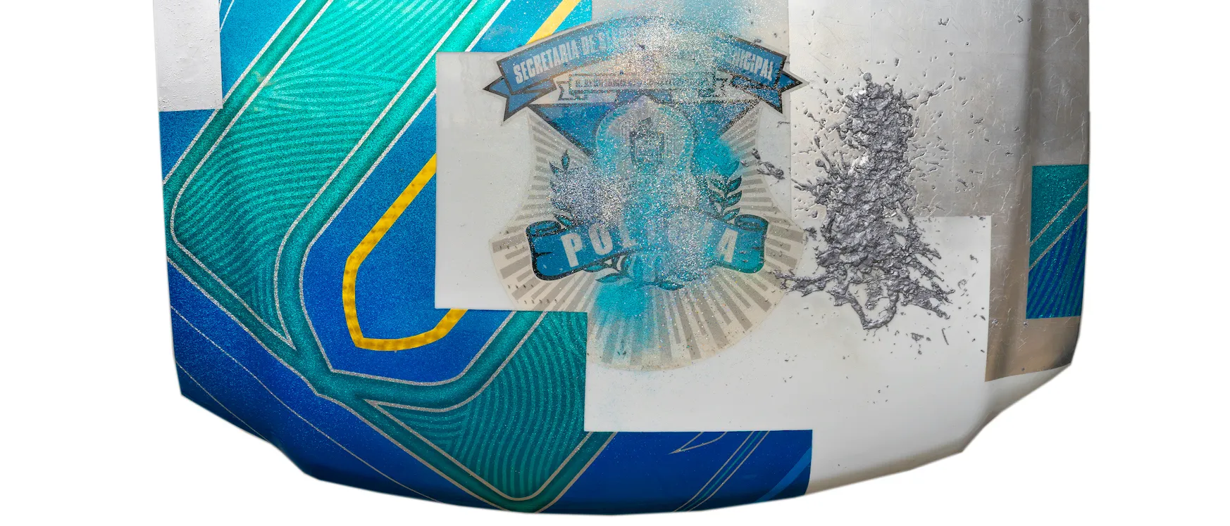 Rubén Ortiz-Torres, Chota, Cholos, and Narcos, 2020. Silverleaf, urethane, lead, candy paint, and flake on decommissioned Tijuana Police car panel, 48 x 62 x 5 inches.