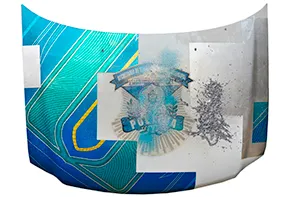 Rubén Ortiz-Torres, Chota, Cholos, and Narcos, 2020, silverleaf, urethane, lead, candy paint, and flake on decommissioned Tijuana Police car panel, 48 x 62 x 5 inches.