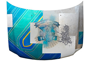 Rubén Ortiz-Torres, Chota, Cholos, and Narcos, 2020, silverleaf, urethane, lead, candy paint, and flake on decommissioned Tijuana Police car panel, 48 x 62 x 5 inches. Rubén Ortiz-Torres, Chota, Cholos, and Narcos, 2020, silverleaf, urethane, lead, candy paint, and flake on decommissioned Tijuana Police car panel, 48 x 62 x 5 inches.