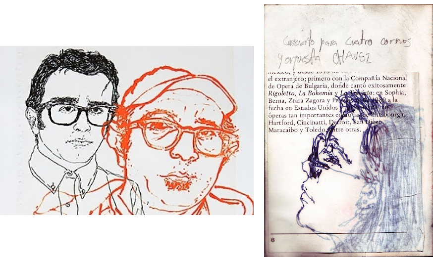 Left: Autorre-trato (Self-portrait), from the series Re-tratos (2011). Sumi ink and inkjet print of 1990 drawing on paper, 19 x 13 in. (48.26 x 33.02 cm.)  Right: Gabriela in Chavez’s Concert for Four Horns and Orchestra (ca 1985). Graphite, ink and collage on paper, 5 ½ x 3 ½ in. (13.97 x 8.89 cm.) 