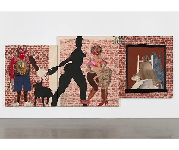 Tschabalala Self, "12pm on 145th Street," 2022. Jean fabric, digitally printed t-shirt, velvet, lace, tulle, painted canvas, dyed canvas, acrylic and Flashe on canvas. 96’’ H x 228’’ W. Courtesy the artist and Petzel Gallery.