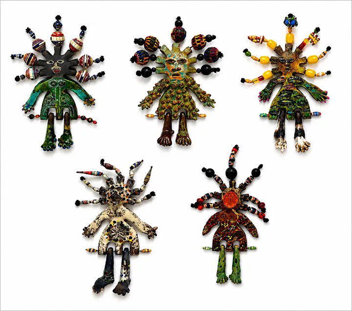 Sana Musasama, I See Me Dolls (I-V), 2023-2026. Ceramic mixed-media, each 9 x 7 x 0.25 in.