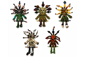 Sana Musasama, "I See Me Dolls (I-V)," 2023-2026. Ceramic mixed-media, 9 x 7 x 0.25 in.