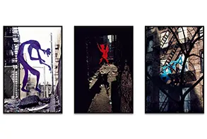 Senga Nengudi, Down (Purple), Red Devil (soul 2), Drifting Leaves, 1972. Cibachrome print, triptych, 41.5 x 27 x 17 inches each (framed).
