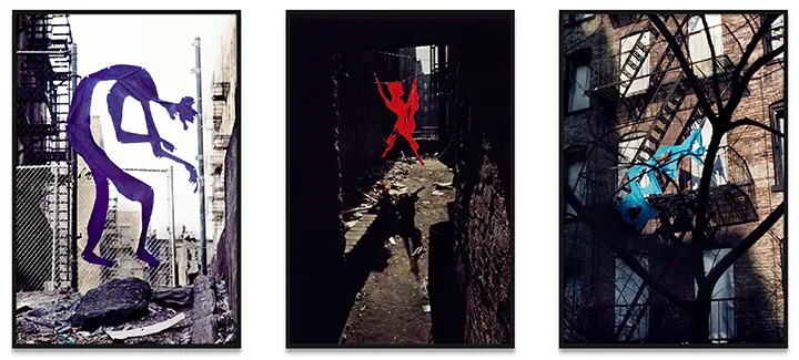 Senga Nengudi, Down (Purple), Red Devil (soul 2), Drifting Leaves, 1972. Cibachrome print, triptych, 41.5 x 27 x 17 inches each (framed). Courtesy of the artist and Sprüth Magers and Thomas Erben Gallery.
