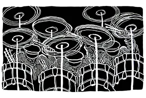 Steve Mayo, Drums 3, c. 2013. Linoleum block print, 22 x 30 in.