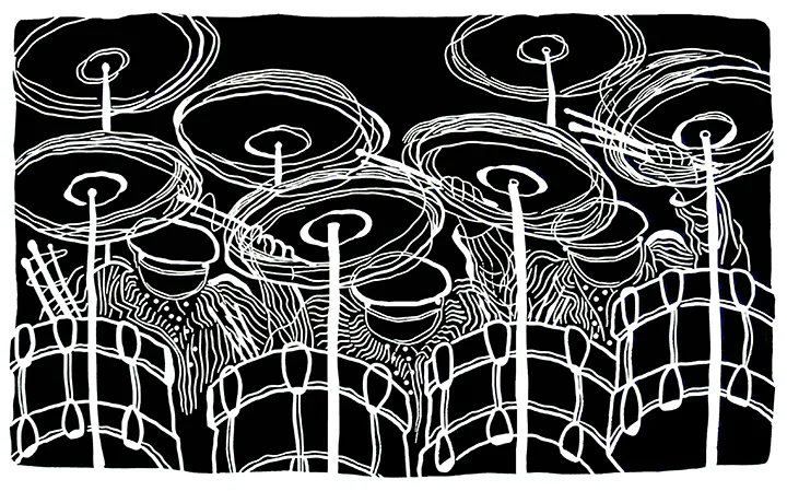 Steve Mayo, Drums 3, c. 2013. Linoleum block print, 22 x 30 in.