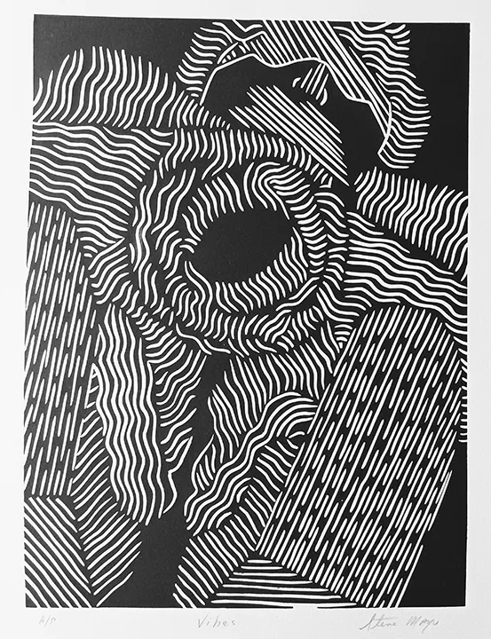 Steve Mayo. Vibes A/P, ca. 2013. Linoleum block print. 21 × 17 in. Courtesy of the estate of Steve Mayo