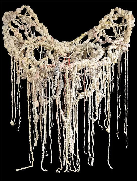 Tomo Mori, Eve-Mother of Collaboration, 2026. Community-sourced fabrics and wire, approx. 102 × 72 × 36 in.