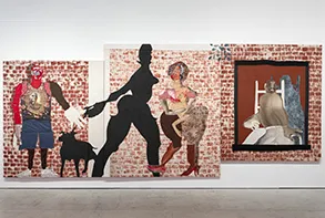 Tschabalala Self, 12pm on 145th, 2022. Jean fabric, digitally printed t-shirt, velvet, lace, tulle, painted canvas, dyed canvas, acrylic, and Flashe on canvas, 96 x 228 inches.