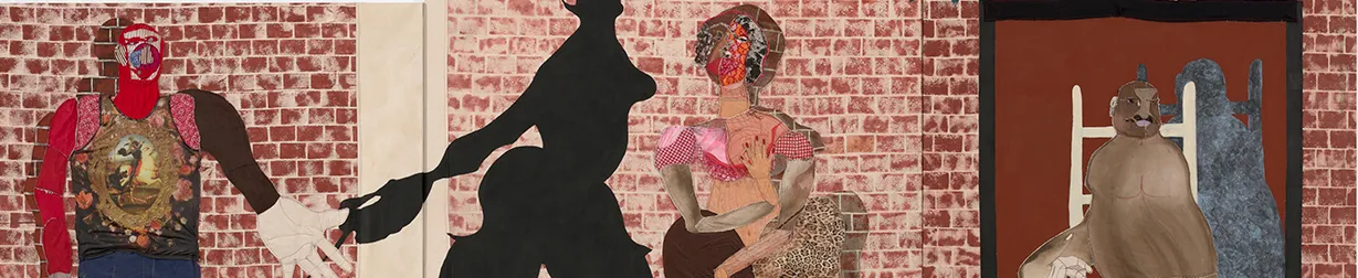 Tschabalala Self, 12pm on 145th Street, 2022. Jean fabric, digitally printed t-shirt, velvet, lace, tulle, painted canvas, dyed canvas, acrylic and Flashe on canvas. 96’’ H x 228’’ W. Courtesy the artist and Petzel Gallery.