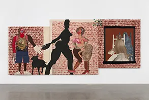 Tschabalala Self, 12pm on 145th Street, 2022. Jean fabric, digitally printed t-shirt, velvet, lace, tulle, painted canvas, dyed canvas, acrylic and Flashe on canvas. 96’’ H x 228’’ W. Courtesy the artist and Petzel Gallery.