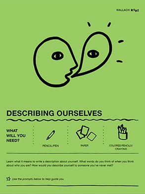 DESCRIBING OURSELVES Front page of the Wallach Kids activity guide titled "Describing Oursleves". A two-part line drawing illustration of a face, that is at once a face in profile with a speech bubble containing an eye and a forward-facing face. The sheet is bright greenwith black text and illustrations.