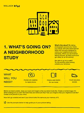 Front page of the Wallach Kids activity guide titled "What's Going On? A Neighborhood Study." A line drawing illustration of three city buildings tops a visual instruction guide and descriptive text. The sheet is yellow with black text and illustrations.