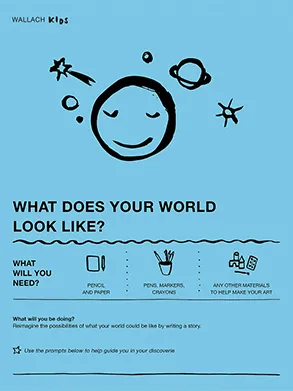 Front page of the Wallach Kids activity guide titled "What Is Your Recipe? Making Memories with Food". A line drawing of a smiling face surrounded by stars and planets tops a visual instruction guide and descriptive text. The sheet is blue with black text and illustrations.